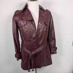 Etienne Aigner Vintage Burgundy Leather Trench Coat Womens Size 8 Belted 70s 80s